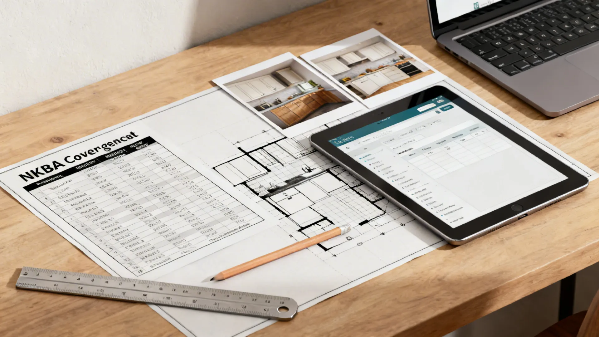 A project desk with a small kitchen plan, clearance guide, and render printouts beside a tablet planner.