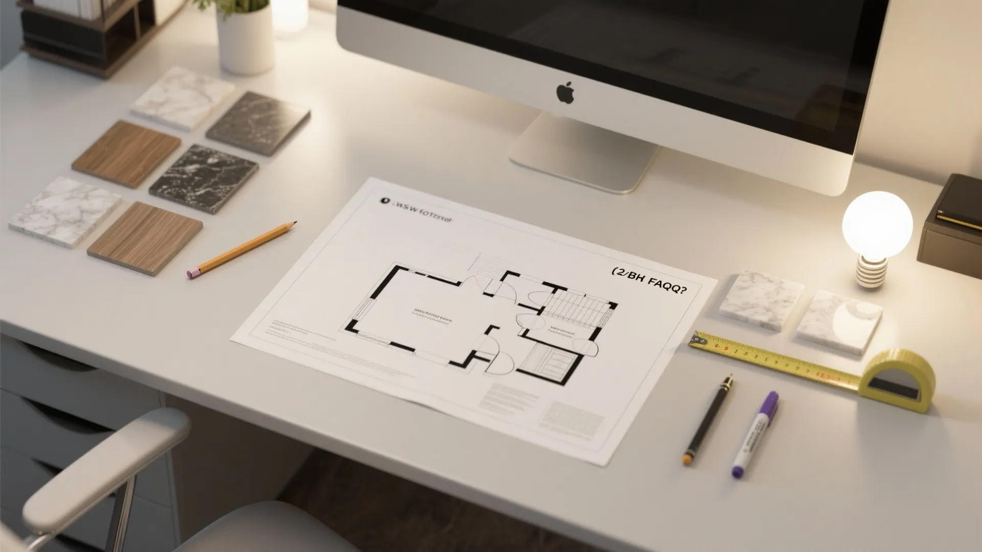 White desk with house floor plan computer screen material samples measuring tape and bright desk lamp