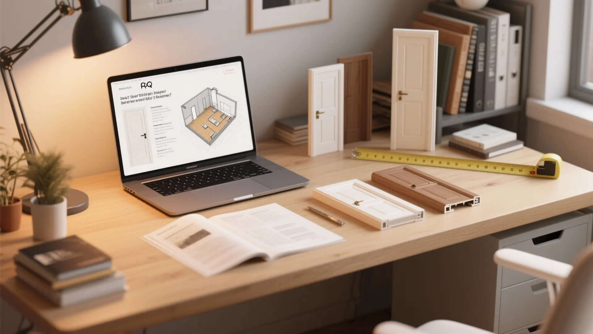 Desk with laptop showing interior design drawing next to small wooden door models and tape