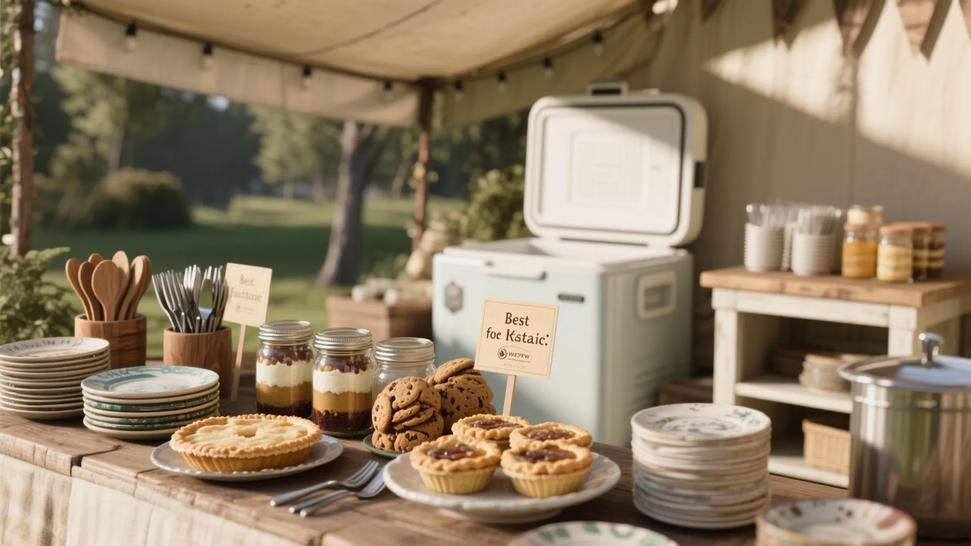 Composite close-up of mini pies, jar desserts, shaded serving station and wooden cutlery illustrating FAQ tips.