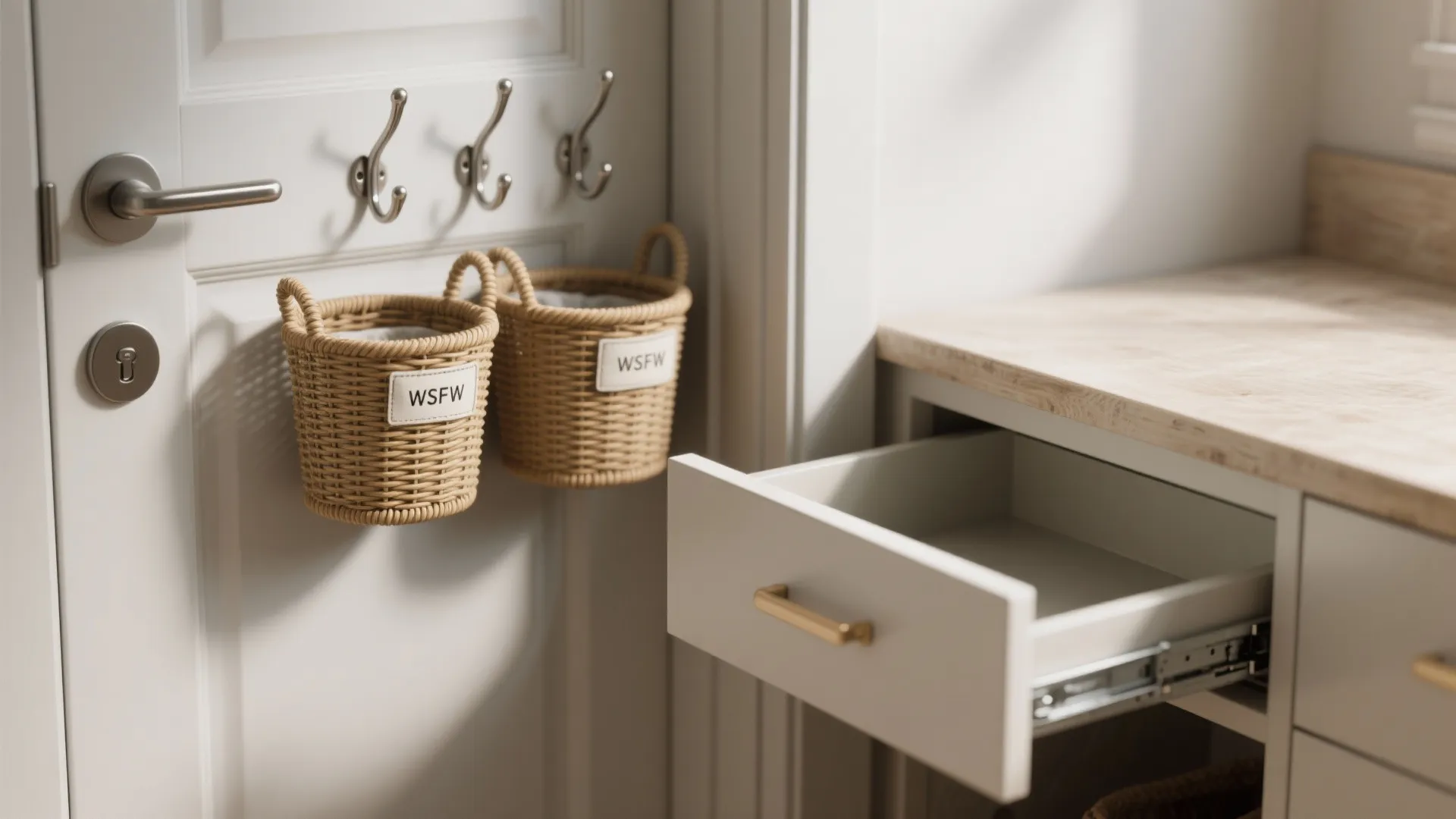 Close up of an open white drawer beside a door with hanging small storage baskets