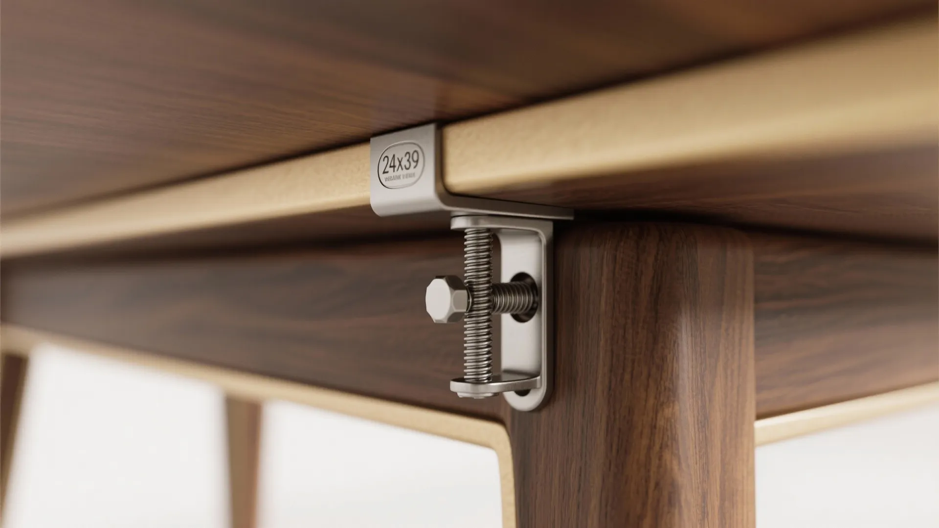 Close up of a silver metal screw clamp attached to a dark brown wooden table
