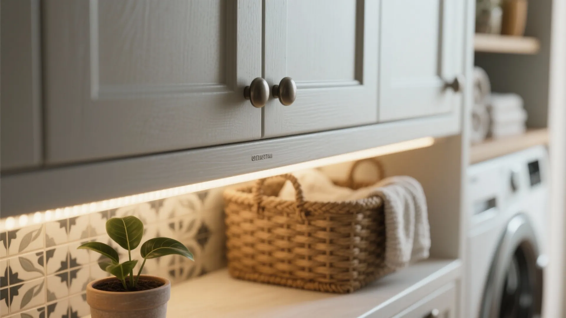 Close up of light fixture under white cabinet with woven basket and small potted plant