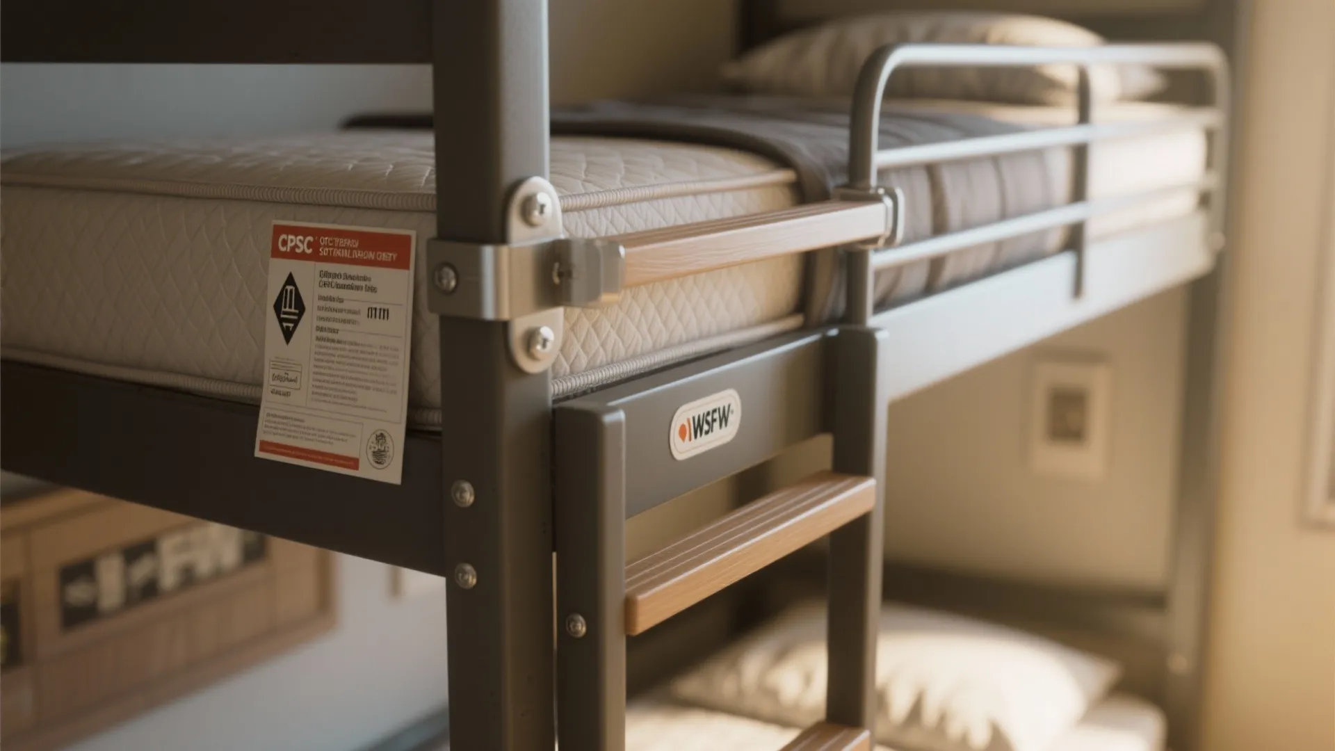 Metal bunk bed with safety rail wood steps thick mattress and safety warning label attached