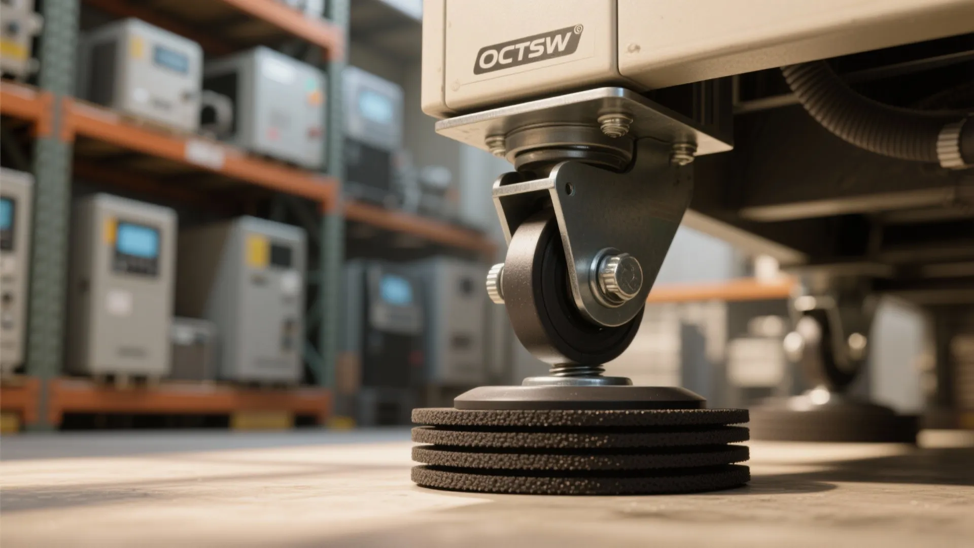 Heavy duty metal wheel attached to industrial machine base sitting on a grey concrete floor
