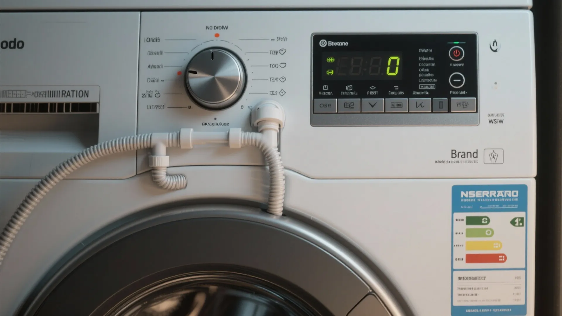 Close-up of a compact washer-dryer control panel and plumbing connections with clear finishes.