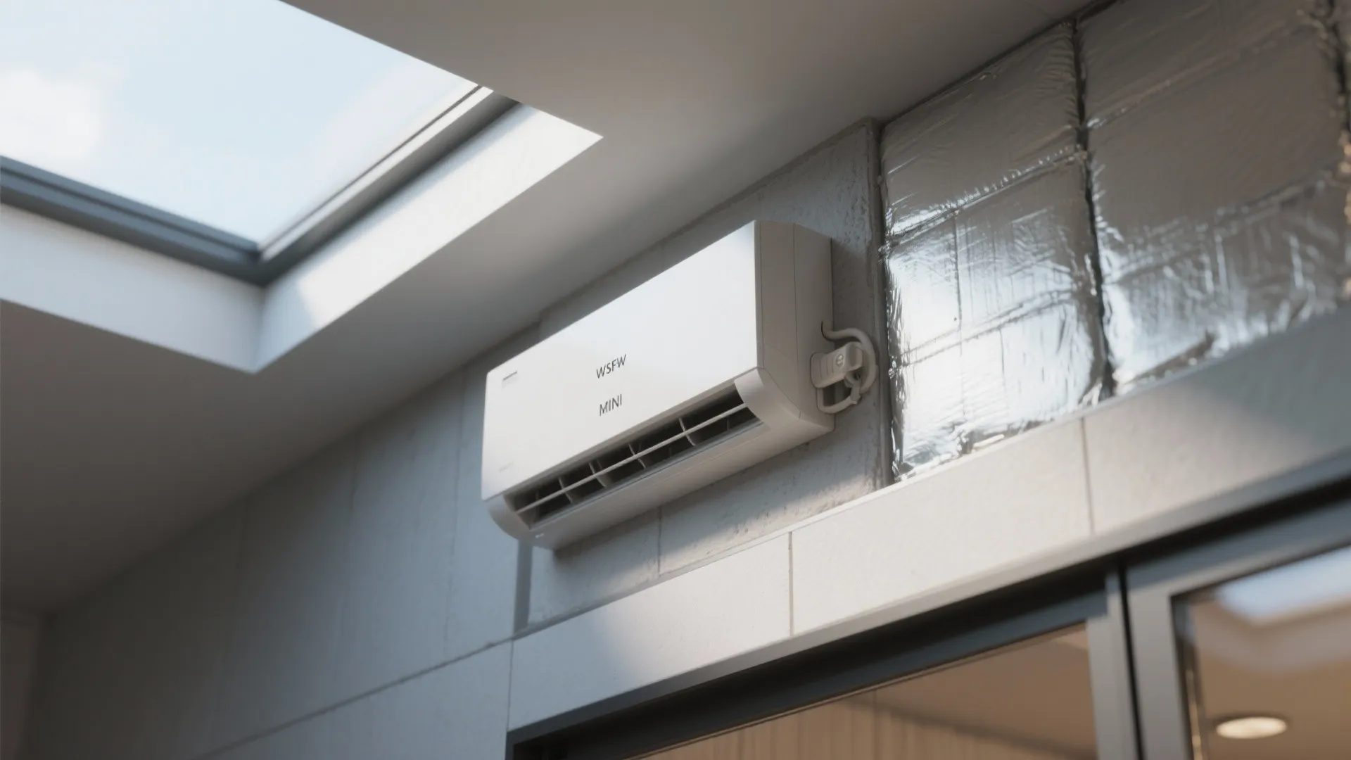 Macro detail of a mini-split unit, insulated wall section and skylight junction illustrating system solutions for small homes.