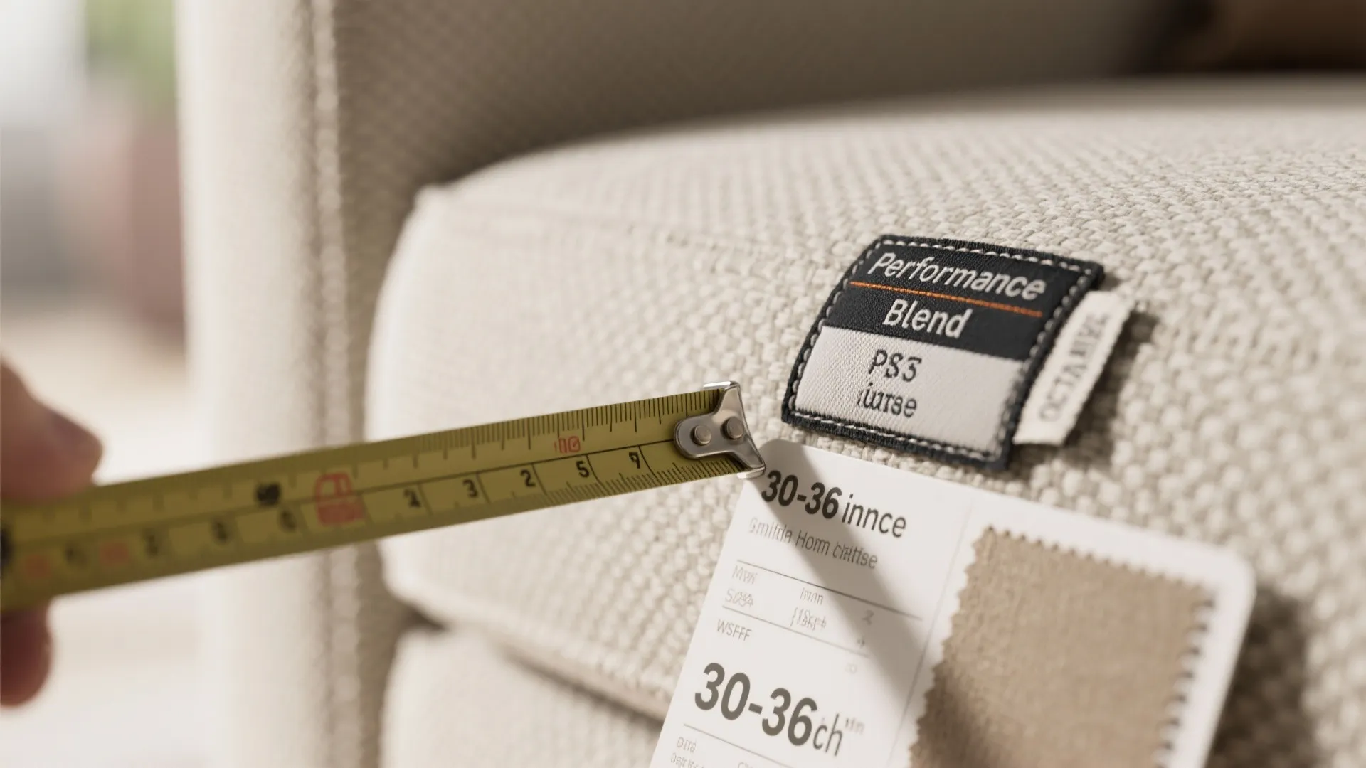 Measuring a beige fabric sofa cushion with a yellow tape measure showing the fabric texture