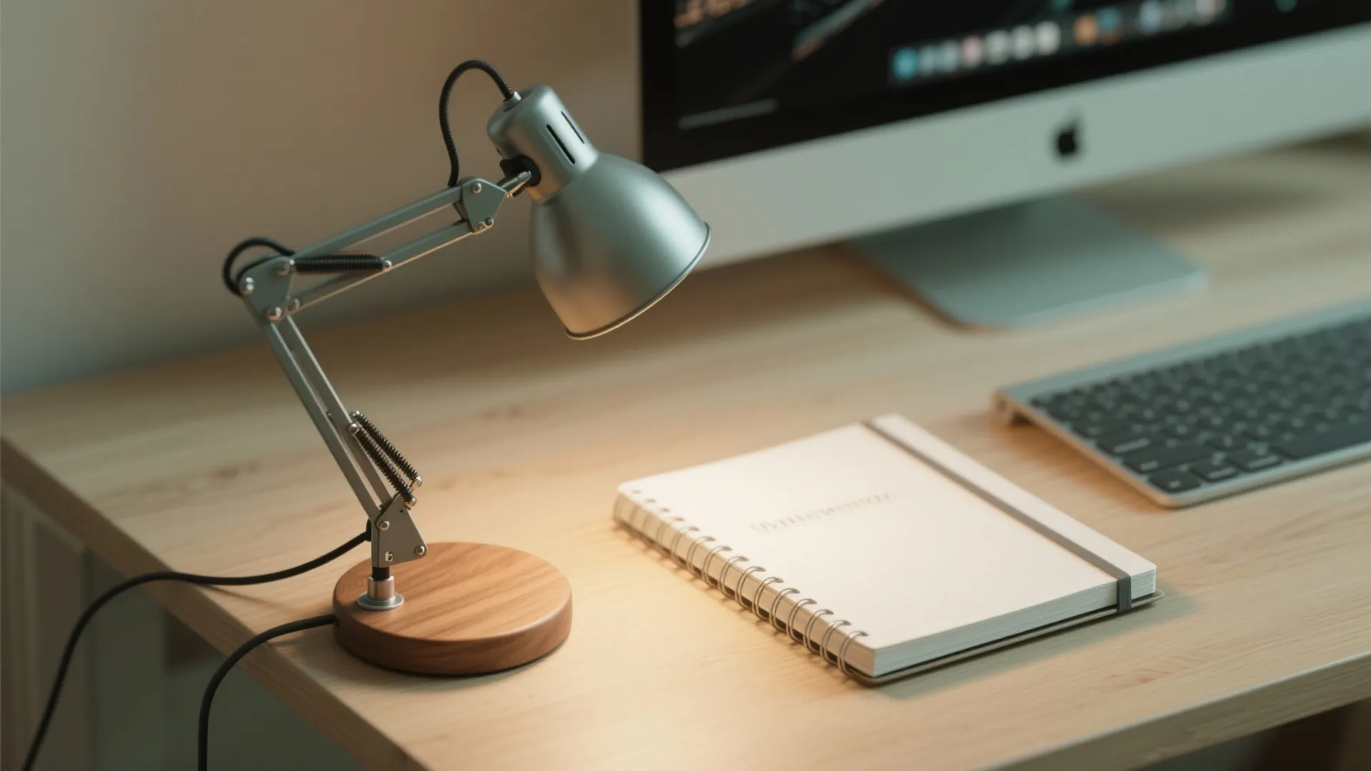 Silver adjustable desk lamp shining light on a spiral notebook atop a clean wooden desk