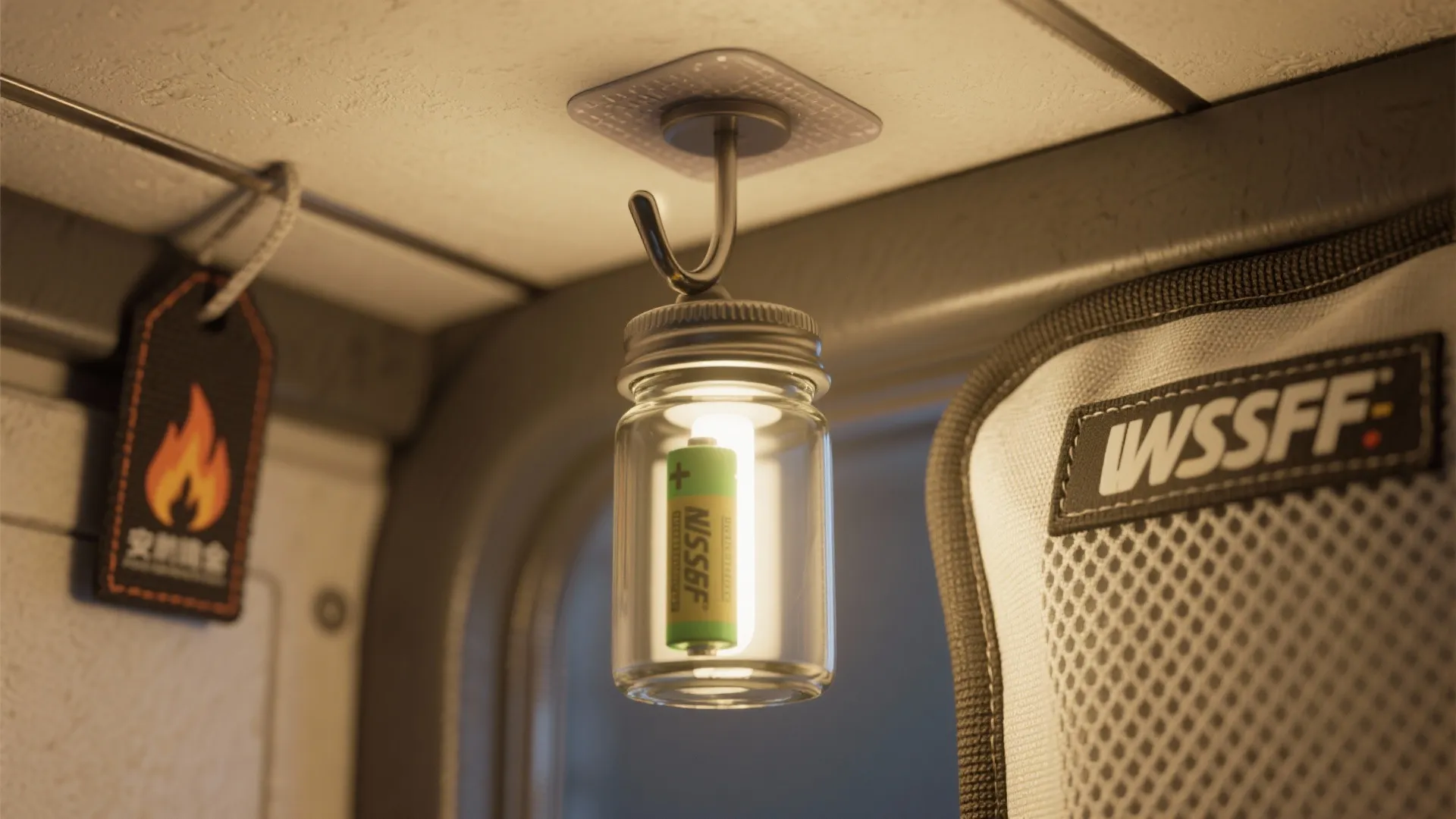 Small glass jar light with a battery inside hanging from a metal hook on ceiling
