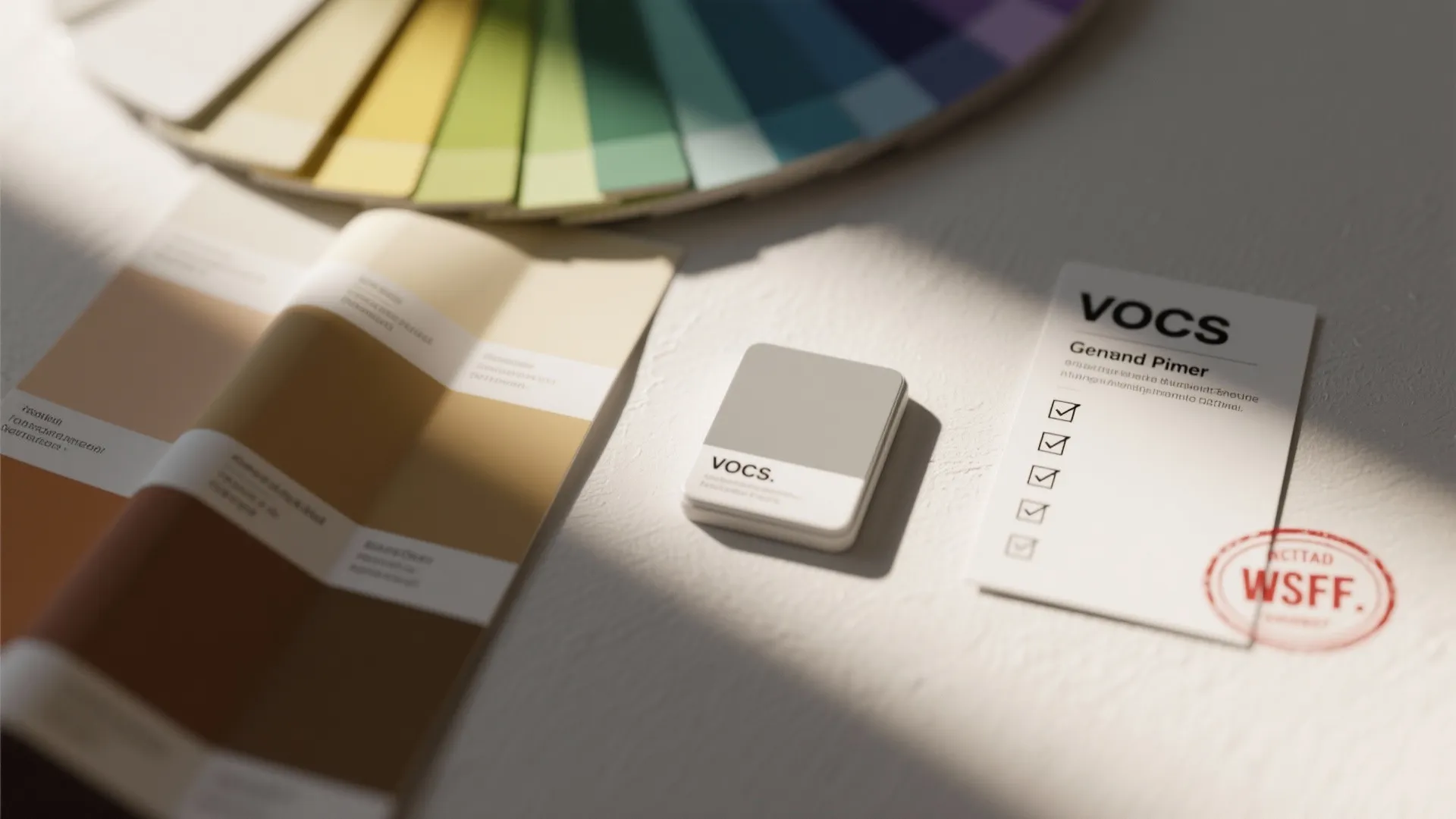 Color palette fans and paint samples on a desk with a checklist for home renovation projects