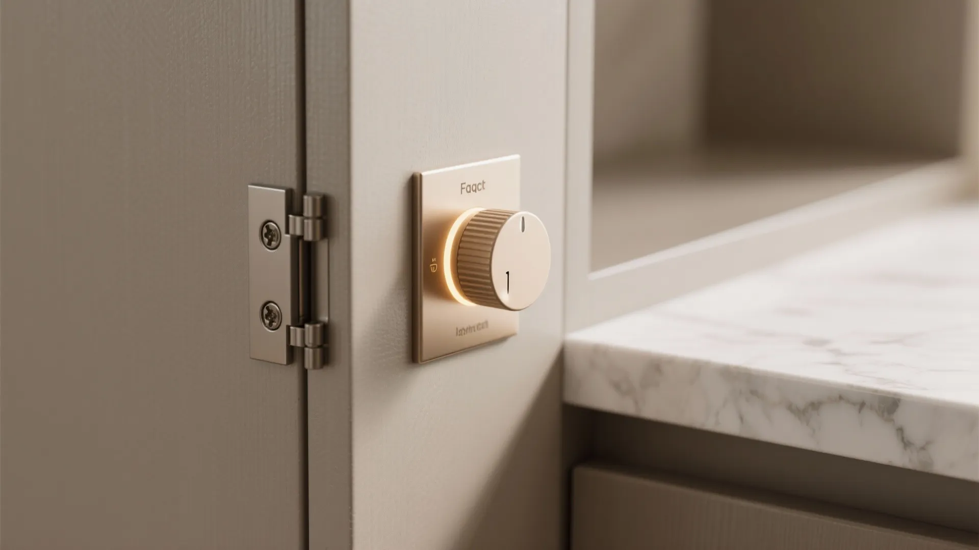 Close up of a light switch with a round dial mounted on a beige cabinet