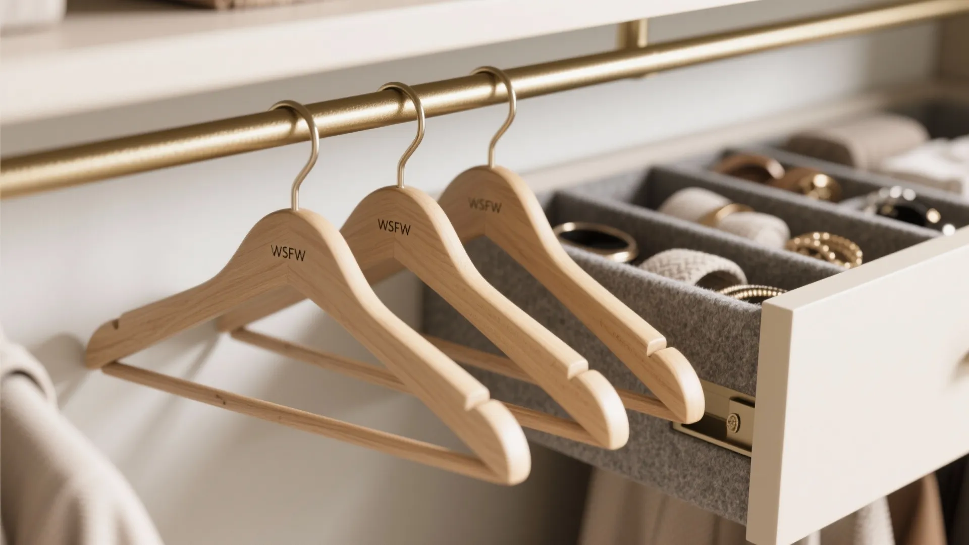 Wooden clothes hangers on a gold rod next to an open drawer with organized fashion accessories