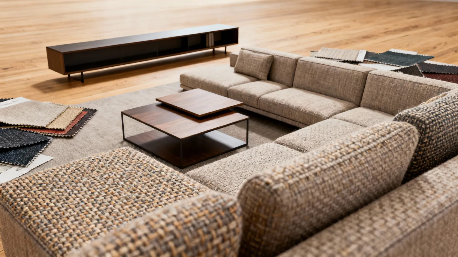 Console behind a sectional with nested tables and durable upholstery swatches