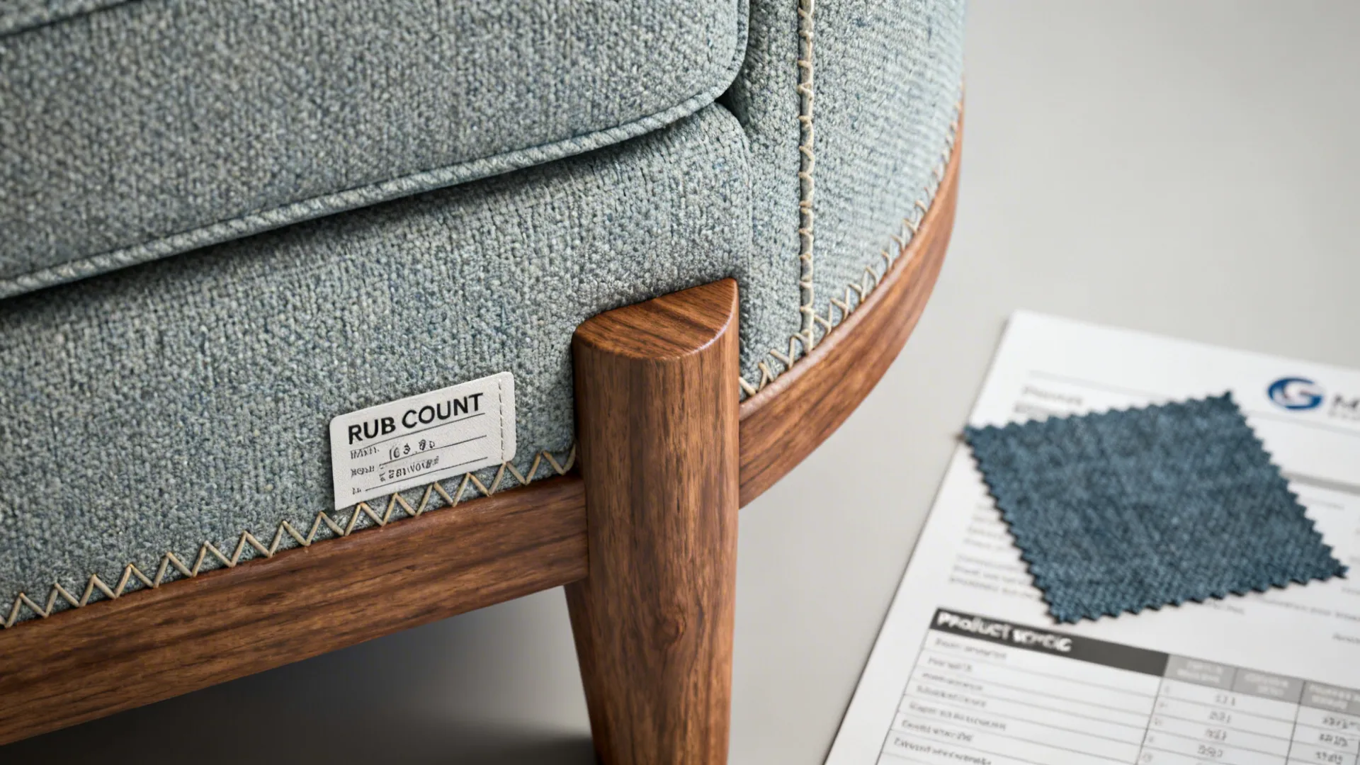 Macro detail of upholstery fabric, rub count tag and hardwood frame corner illustrating durability.