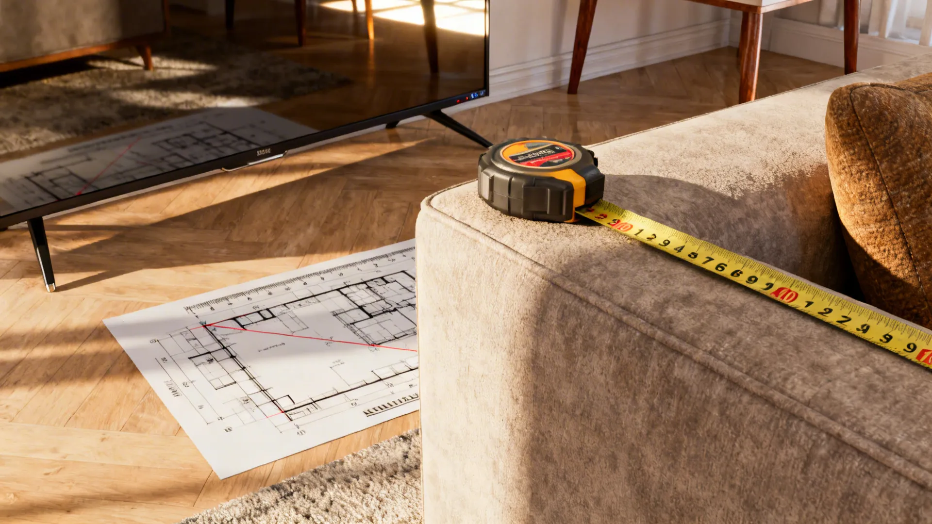 Close-up showing measuring tools and examples for spacing guidance in a small living room.