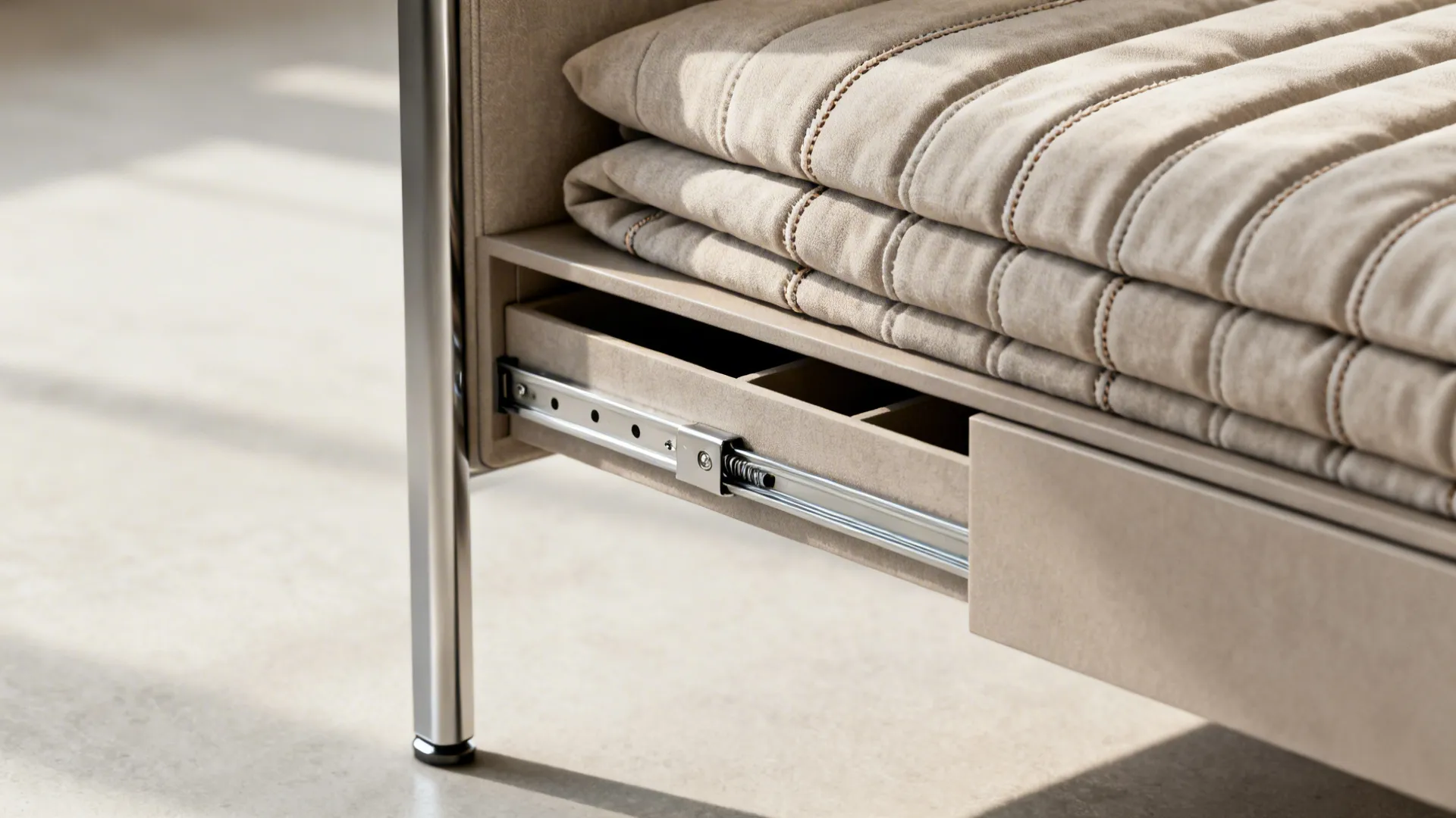 Close-up of multifunctional furniture details and fabric textures for small spaces.