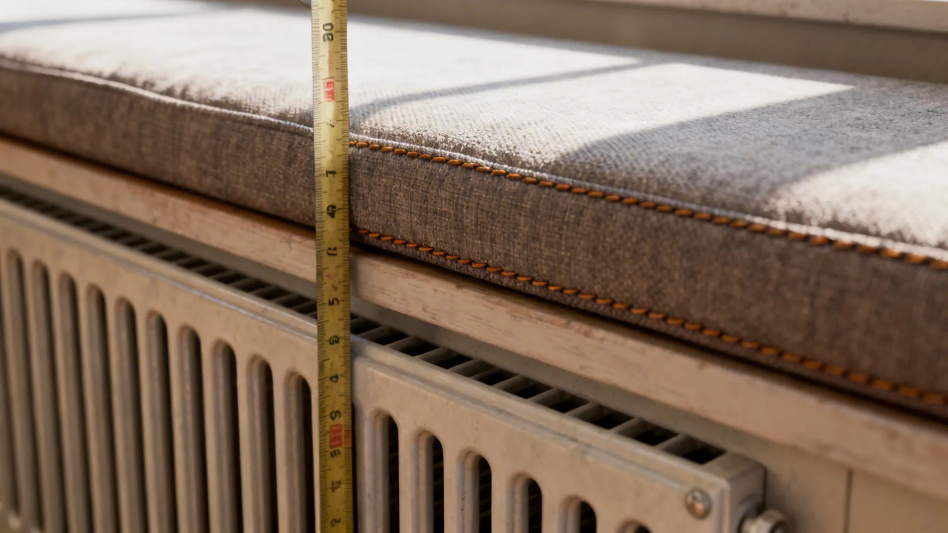 Close-up of cushion depth mockup and ventilation grille for bay window bench planning