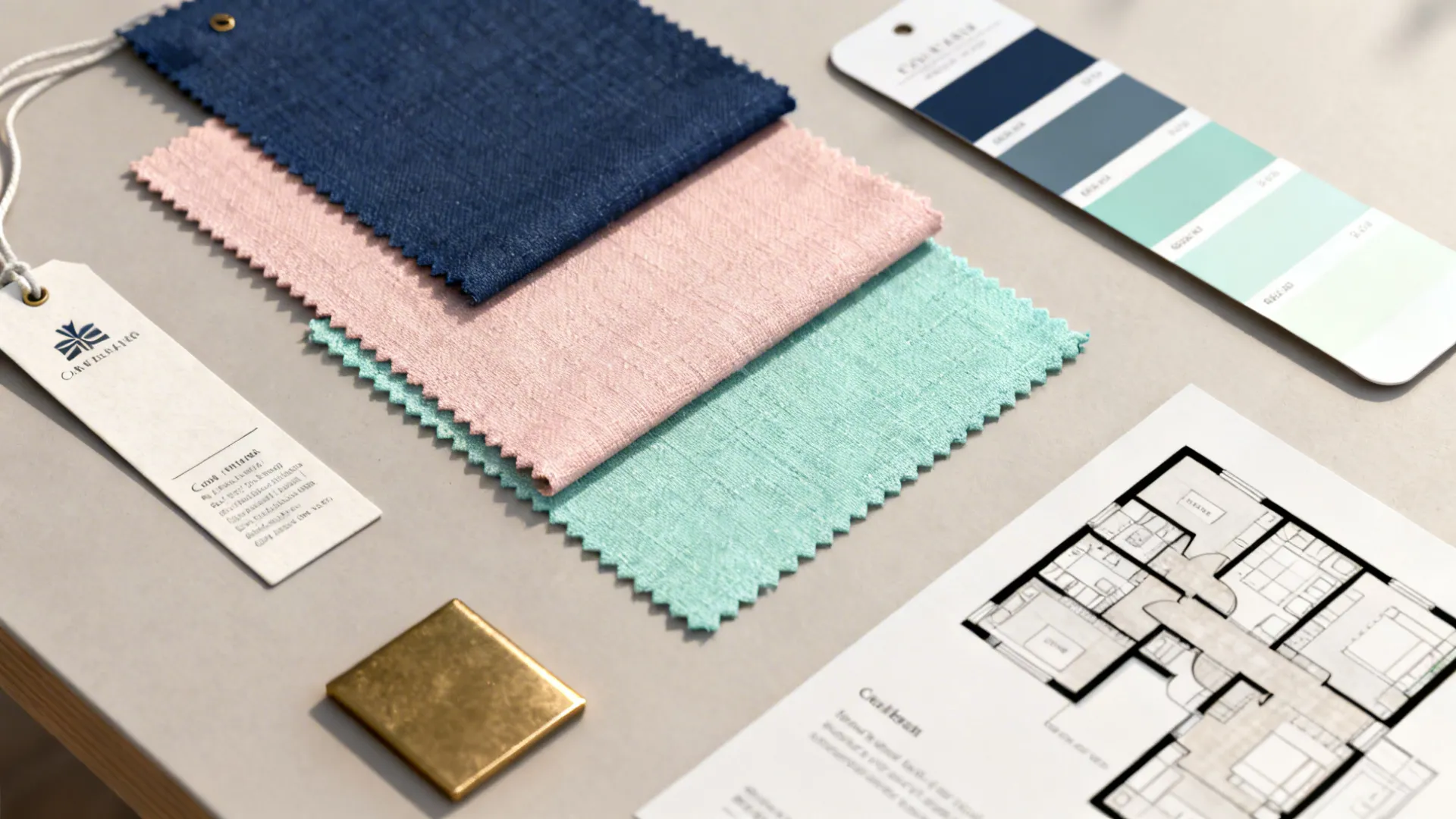 Top-down close-up of fabric swatches, paint chips and a small floorplan for styling a blue couch.