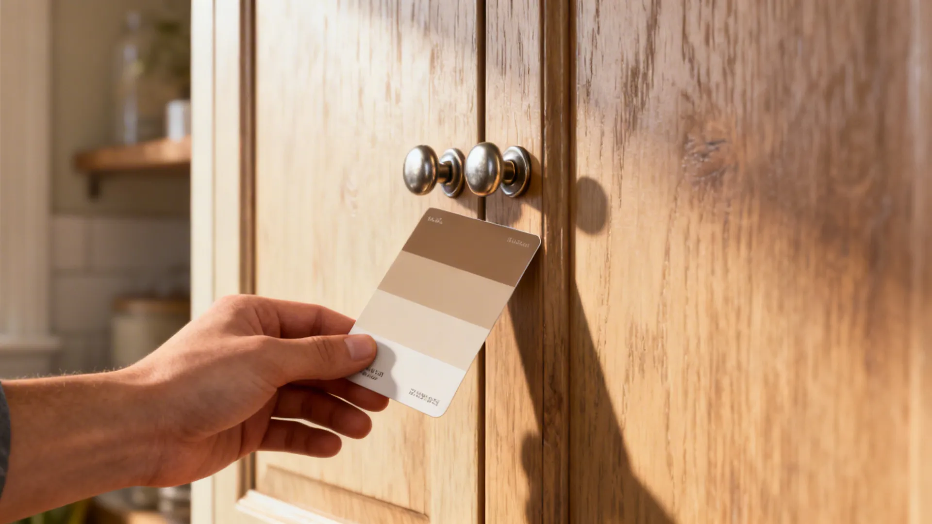 Hand holding paint swatch against a cabinet door showing hardware as a low-cost kitchen update example