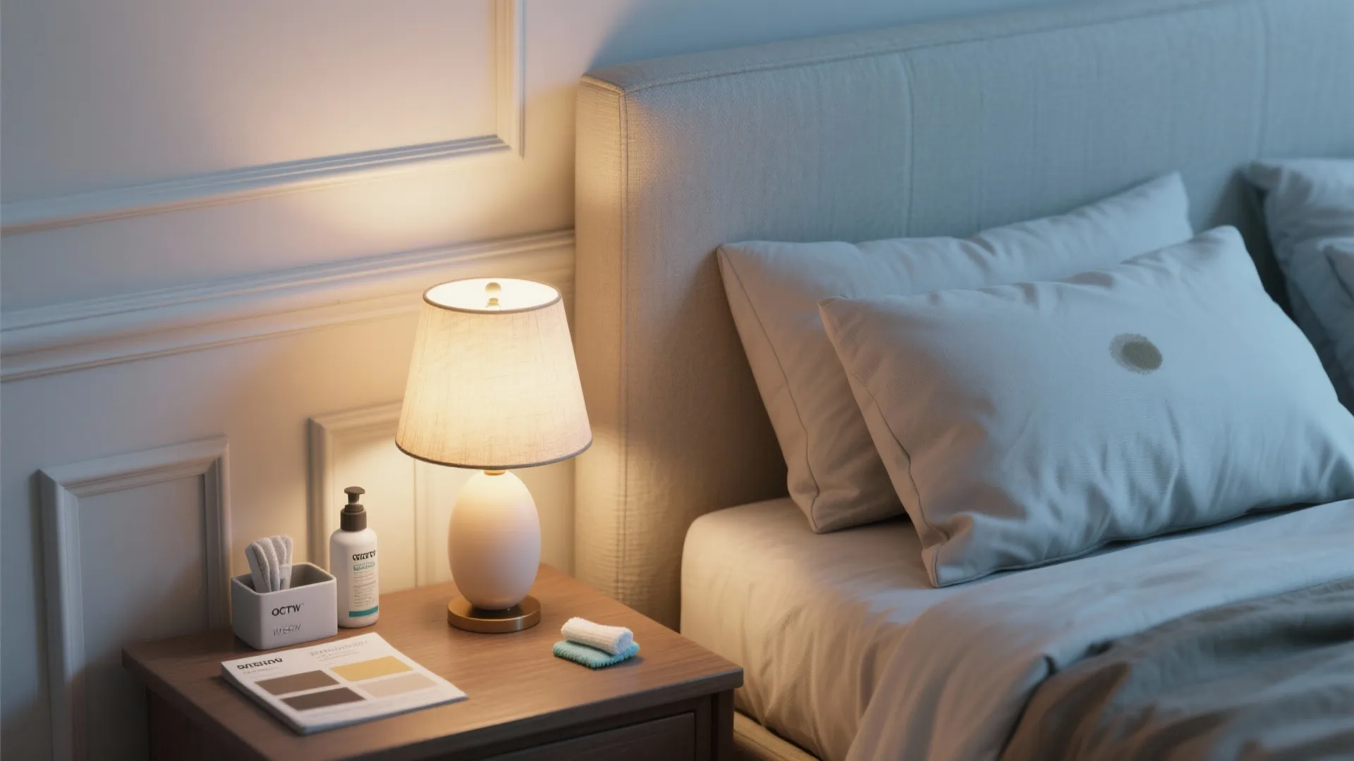 Bedside table with lamp and skin care products next to a bed with stained pillow
