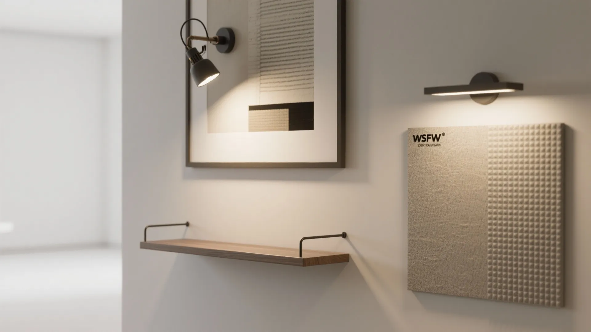 Modern wall display with wooden shelf framed art black wall light and textured wall panel