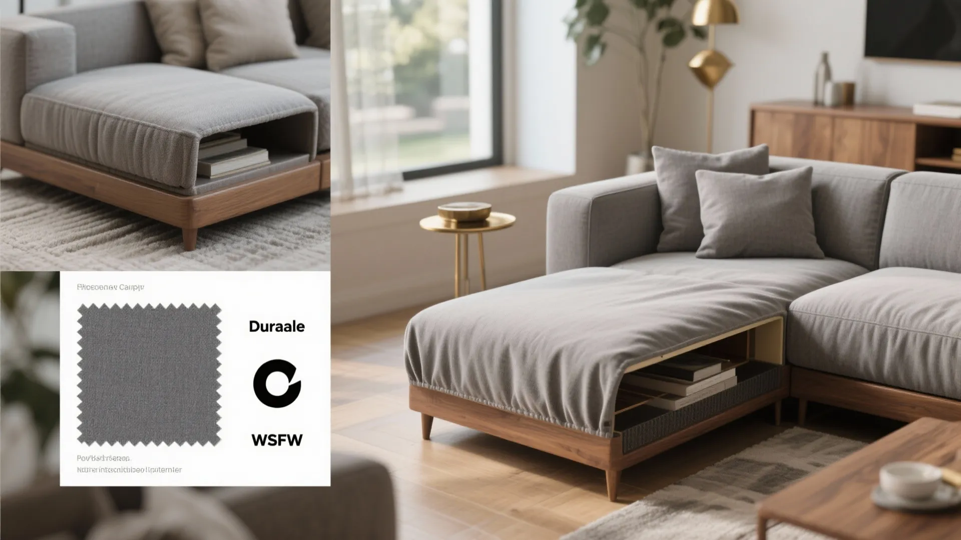 Grey sofa with built in storage shelf fabric sample and wooden coffee table in room