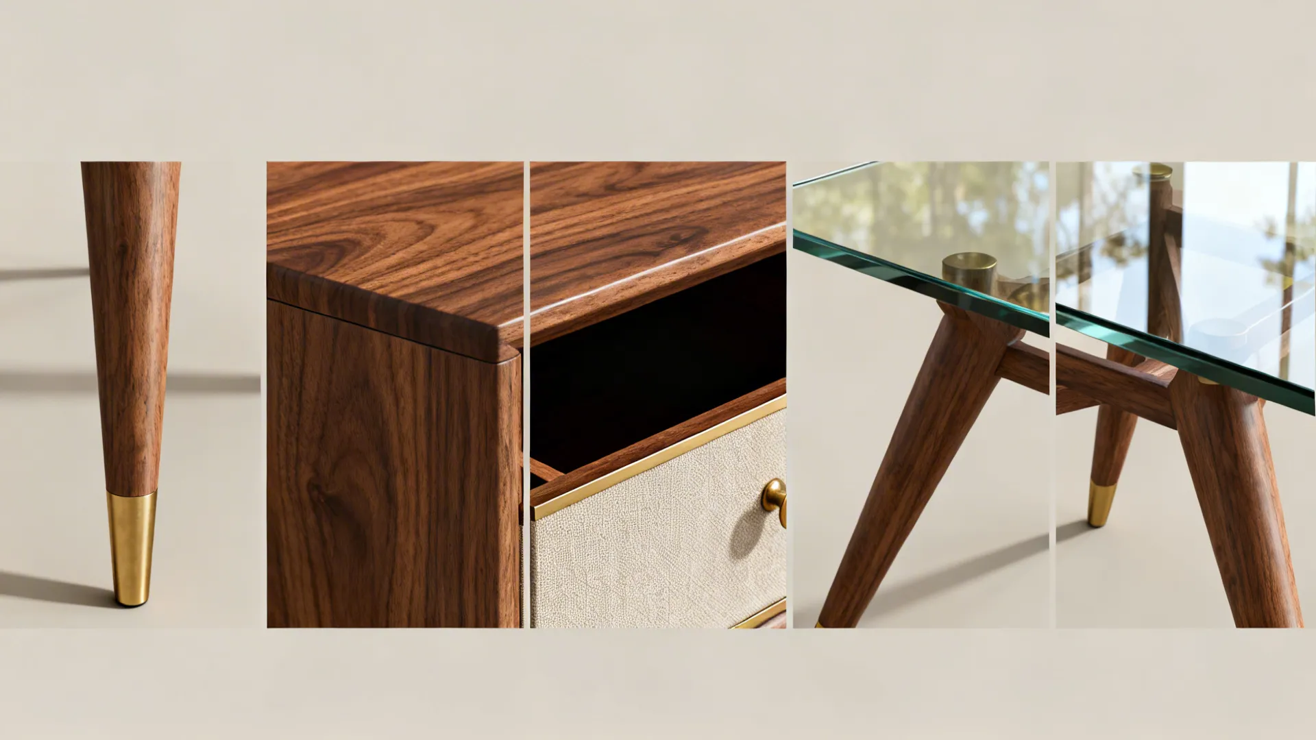 Collage showing wooden furniture details with gold metal tips glass table top and white fabric drawer