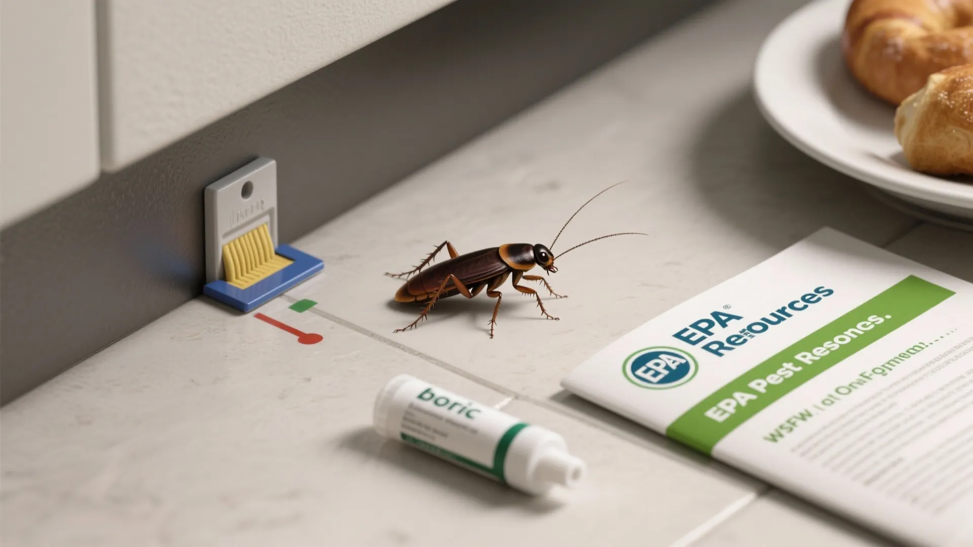 A brown cockroach on a kitchen floor near a pest trap and a small tube