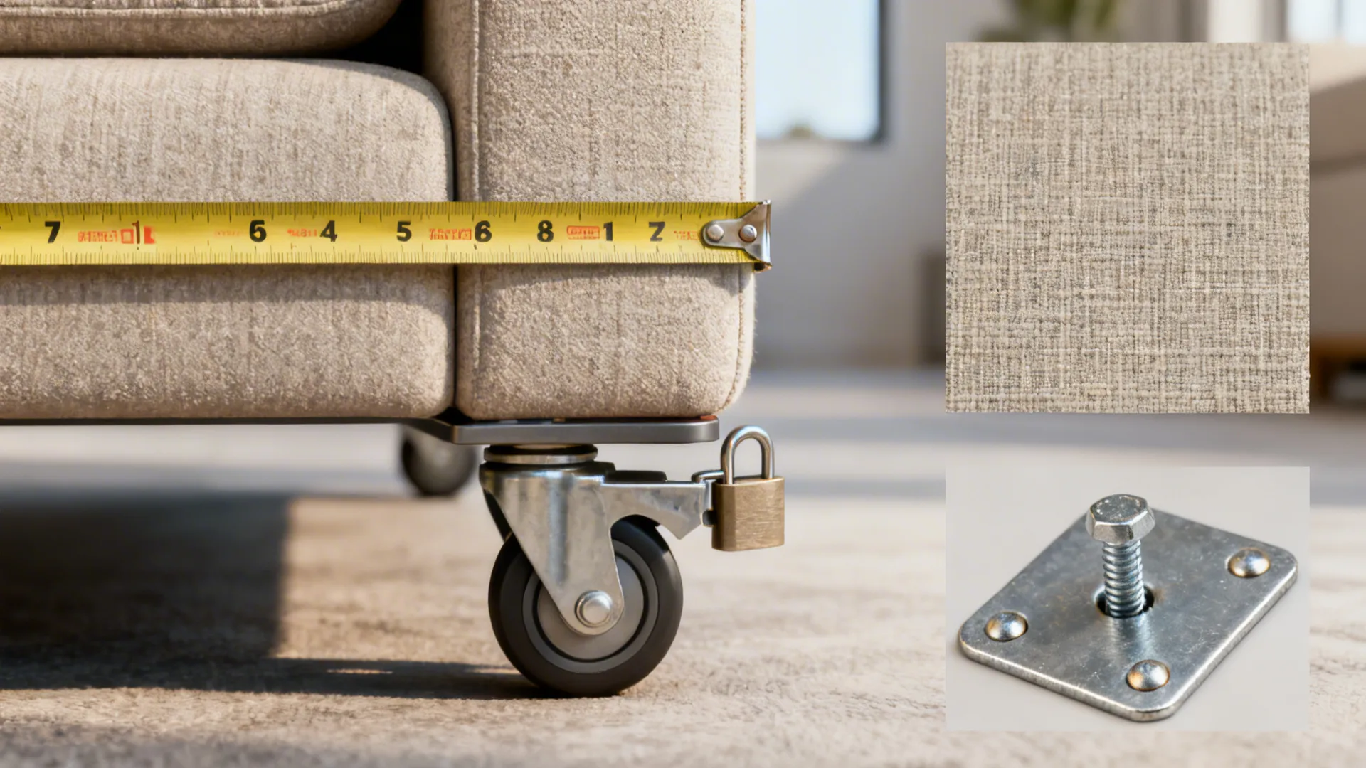 Close-up of tape measure, caster lock, fabric swatch, and mounting hardware used for end table planning.