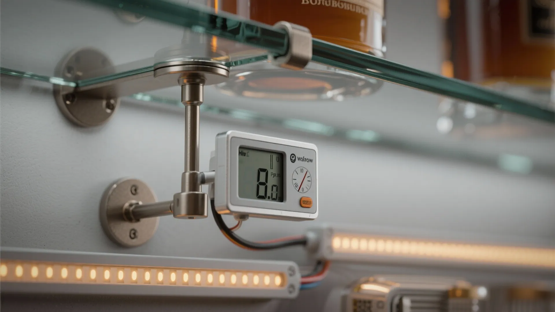 Macro view of a hygrometer, tempered glass shelf edge and dimmable LED driver in a bourbon room setup.