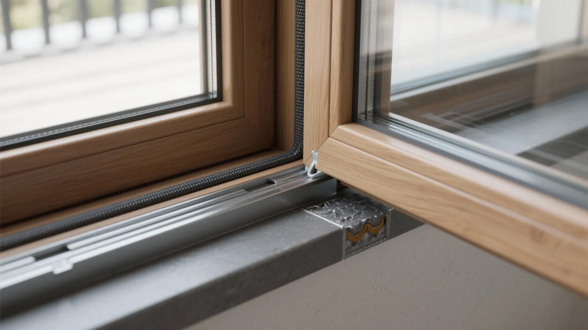 Close up view of a wooden window frame showing metal hardware and rubber seal detail