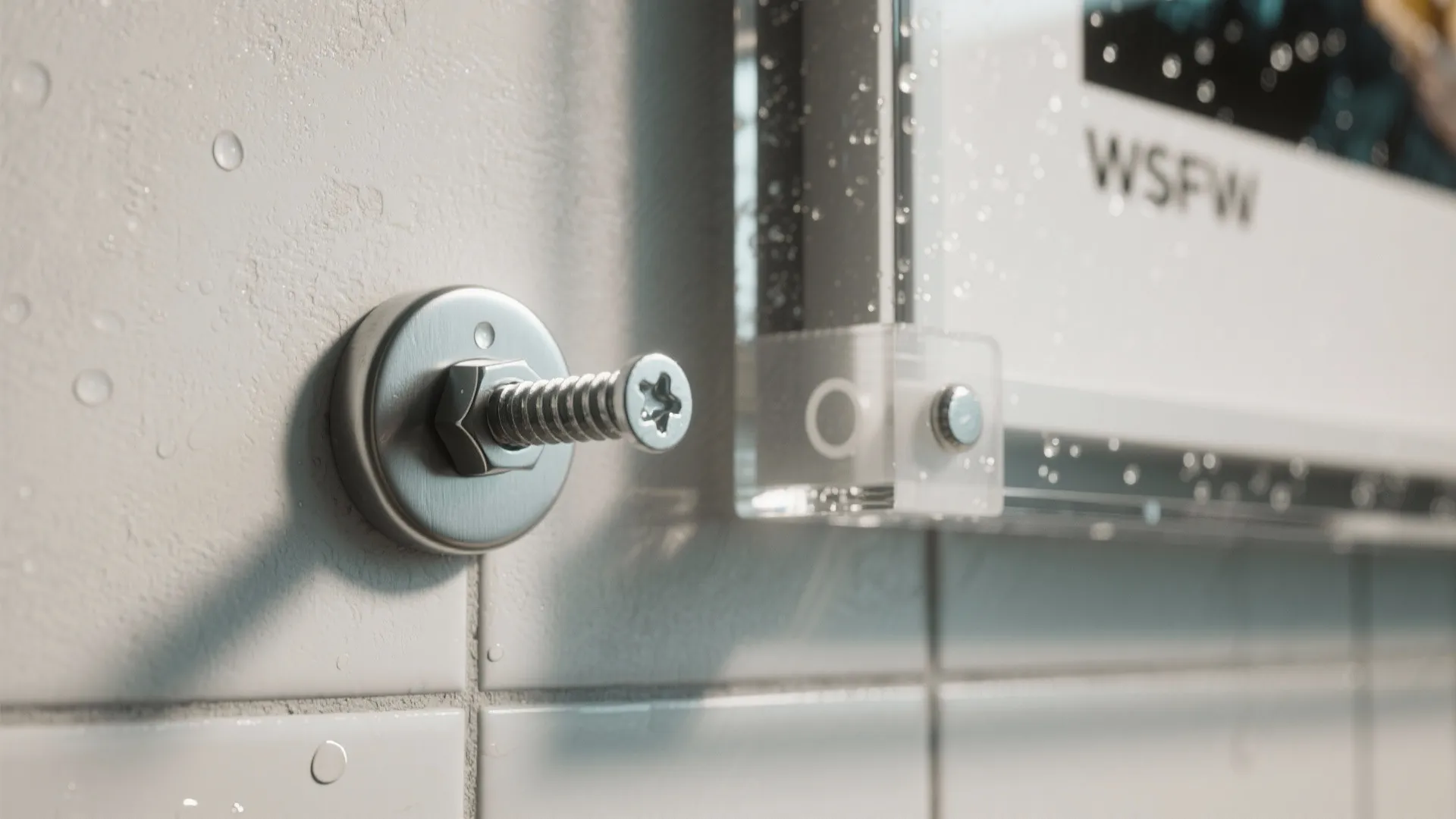 Close-up shot of a metal screw and wall mount fixed onto white bathroom wall tiles