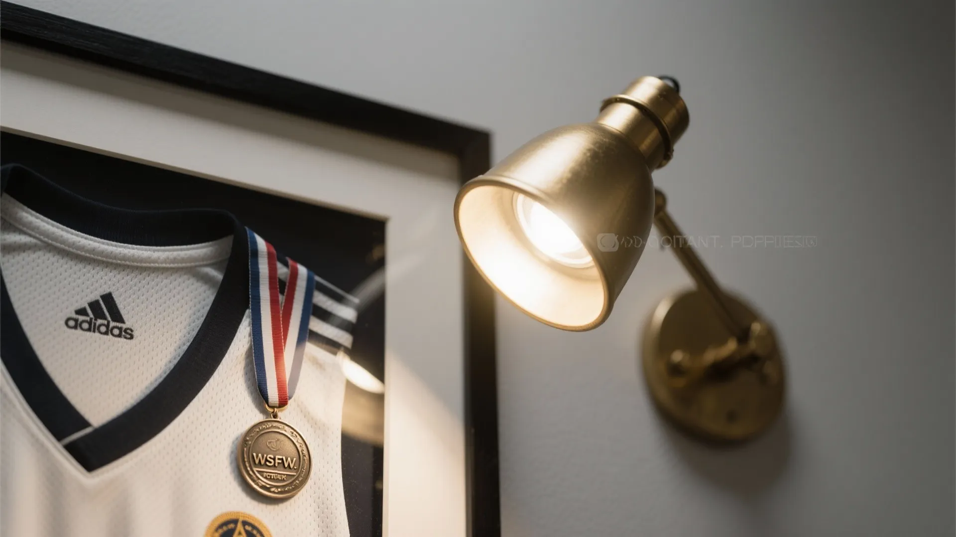 Close up of gold wall light shining on a sports jersey and medal in frame