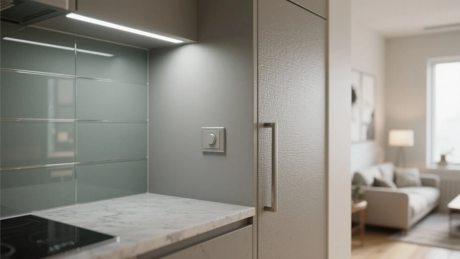 Macro detail of matte cabinet next to polished quartz and glass backsplash with dimmer control and brushed nickel pull.