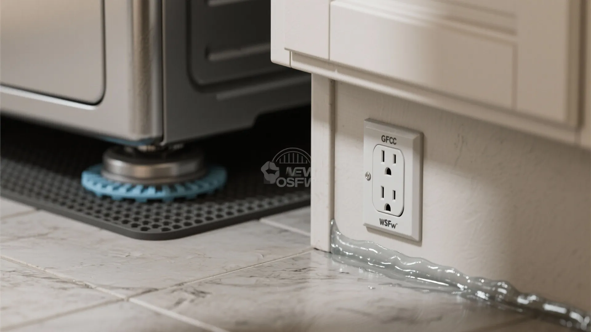Close up view of wall power outlet installed on white kitchen cabinet base near tiled floor