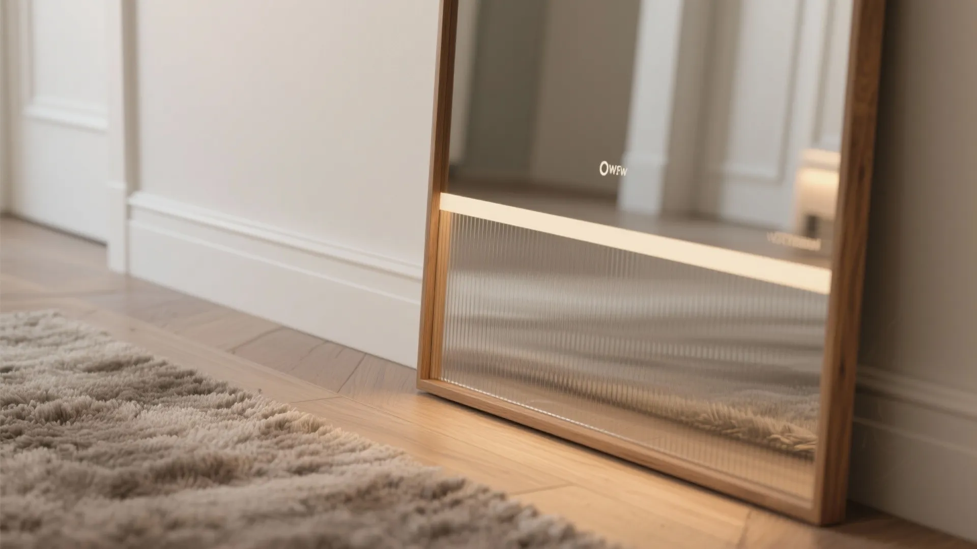 Close up of wooden frame mirror with light strip and ribbed glass on wood floor