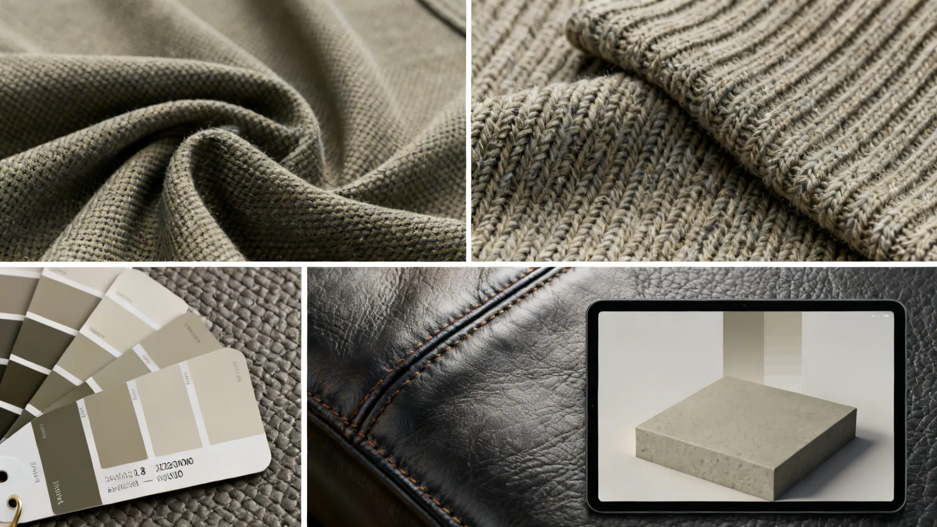 Close up of fabric textures and color samples with a tablet showing an interior model