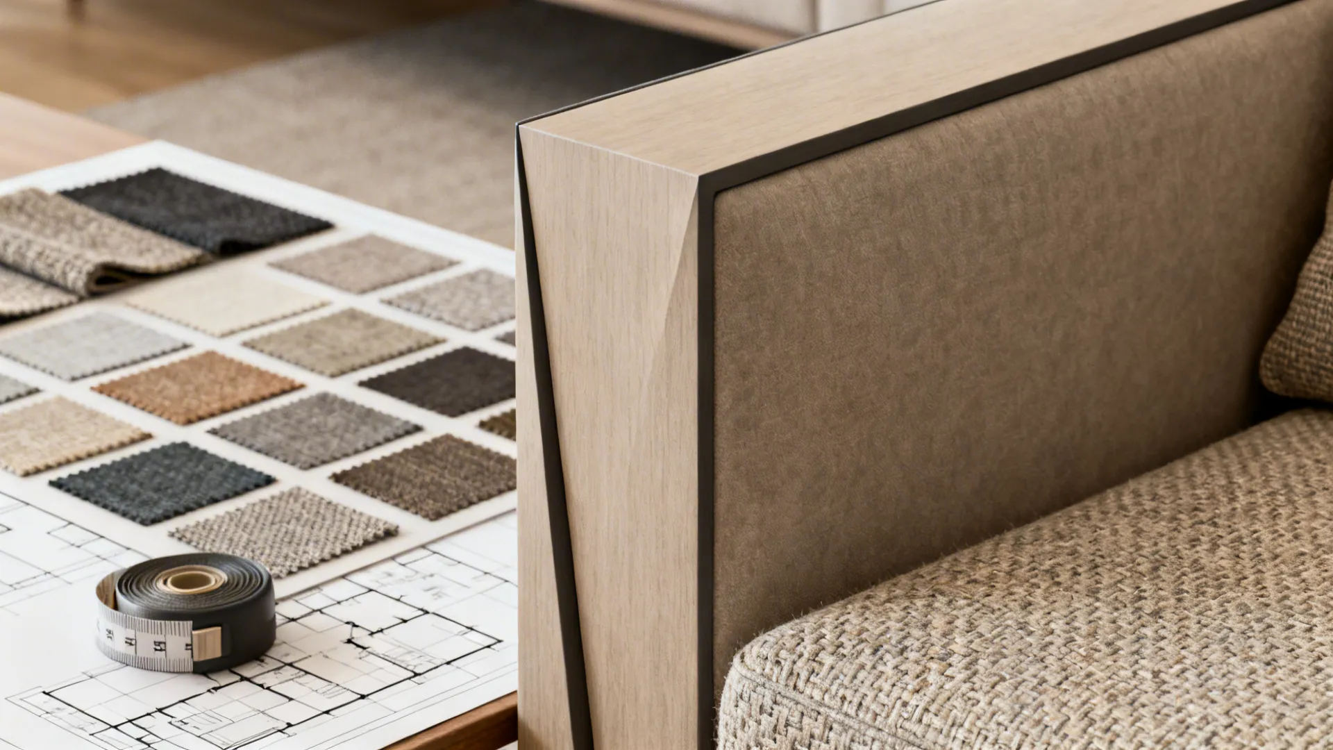 Close-up of sofa arm, loveseat cushion texture, fabric swatches and a room mockup for measurements.