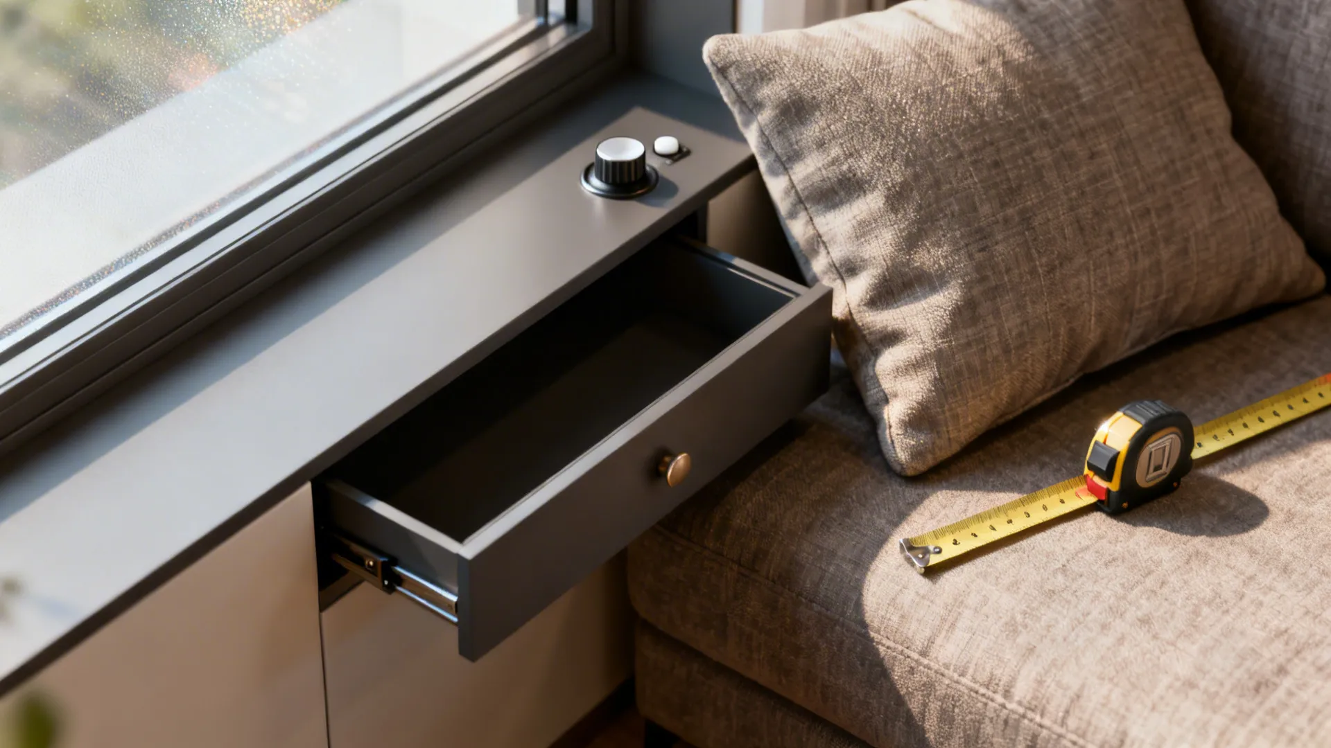 Close-up of console storage, anti-glare fabric and sofa depth details for layout planning.