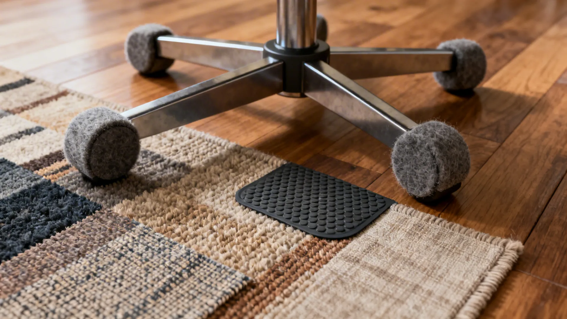 Macro details of swivel chair base, felt pads on hardwood, and fabric swatches.
