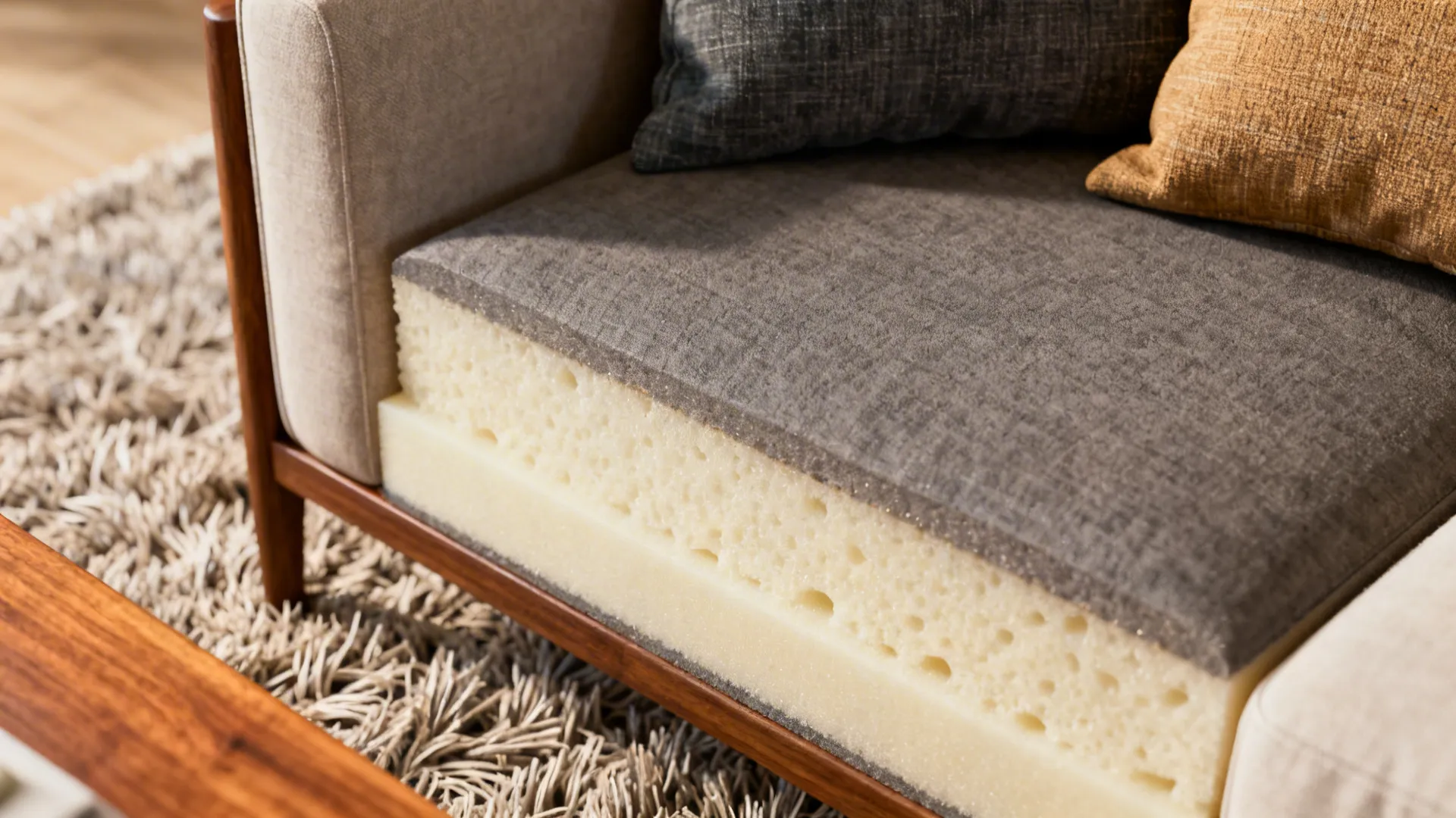 Macro details of rug, cushion and fabric demonstrating quality upgrades