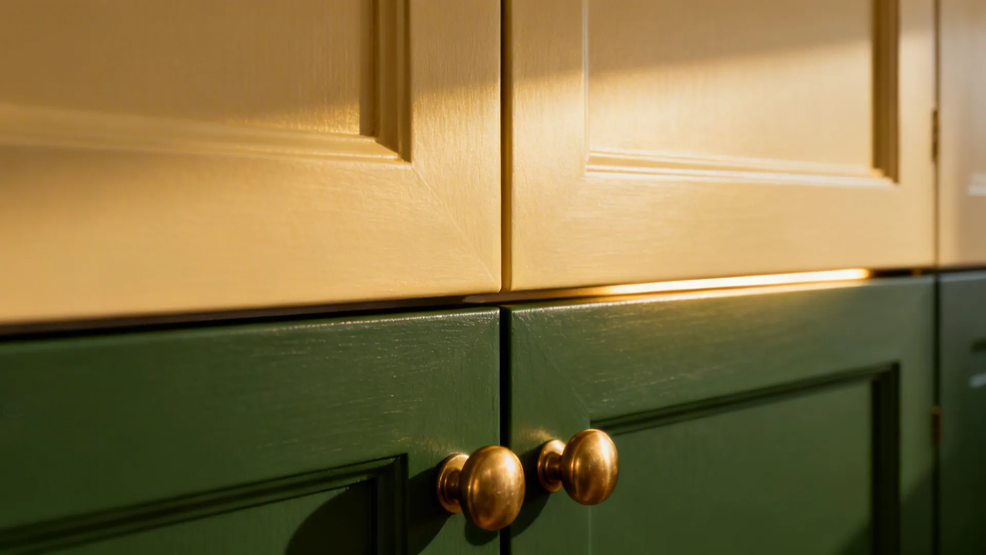 Close-up of upper and lower cabinet junction with brass pull and soft task lighting.