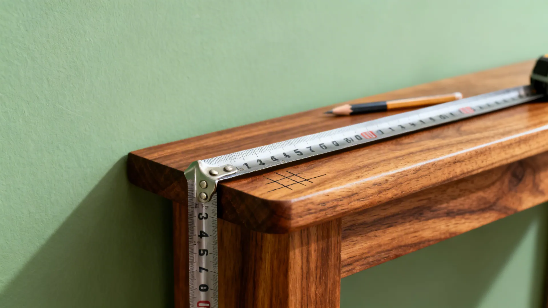 Close-up of a teak edge with a steel tape measure and pencil marks in soft daylight.