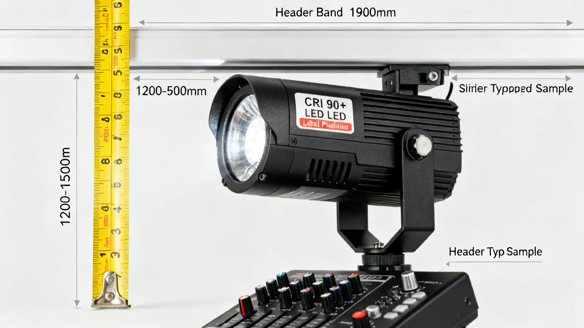 Black light fixture shown with measuring tape and dimension labels for technical installation in interior design