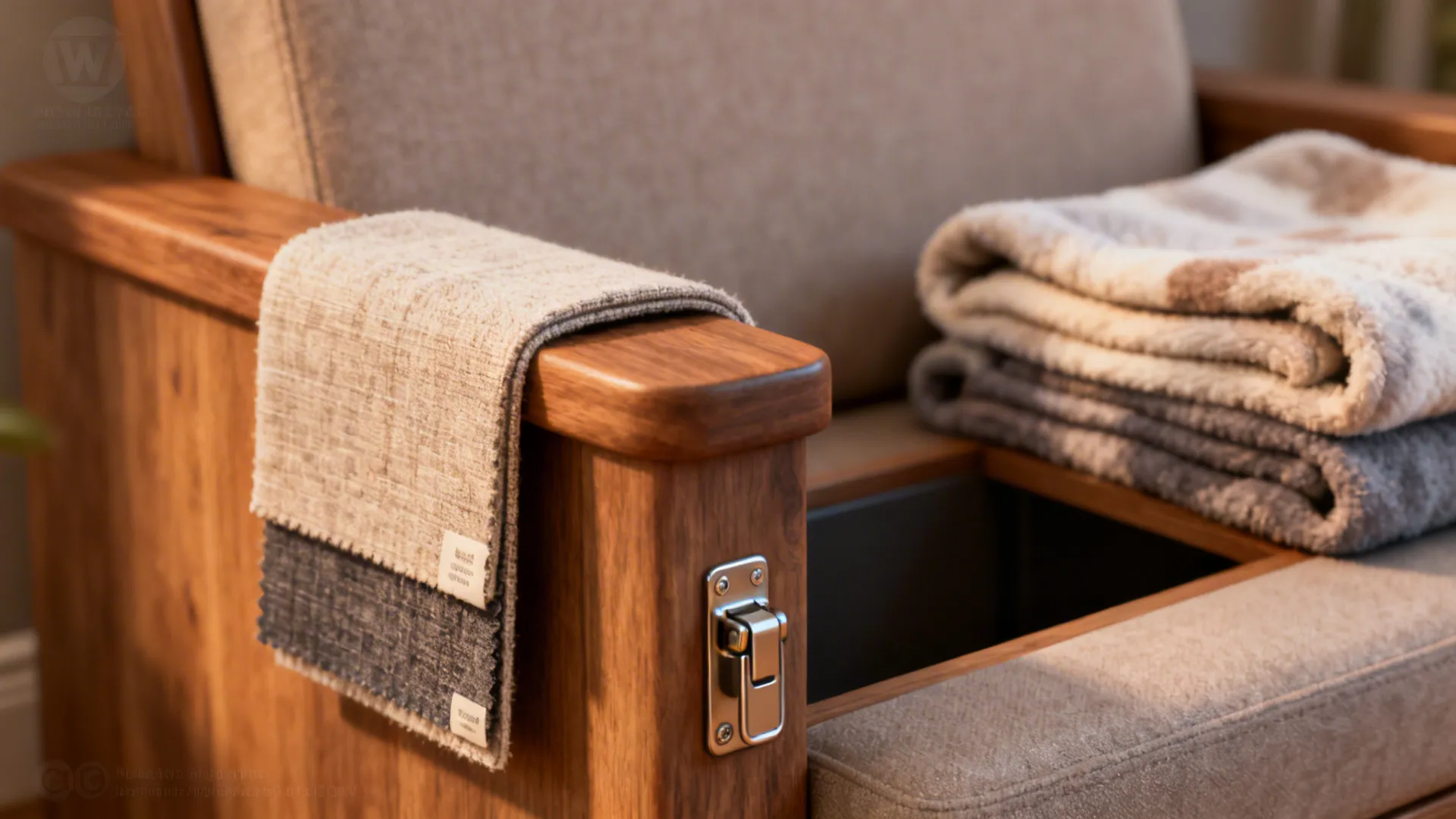 Macro detail of washable fabric, hidden storage latch and pet-friendly blanket in a cozy corner.