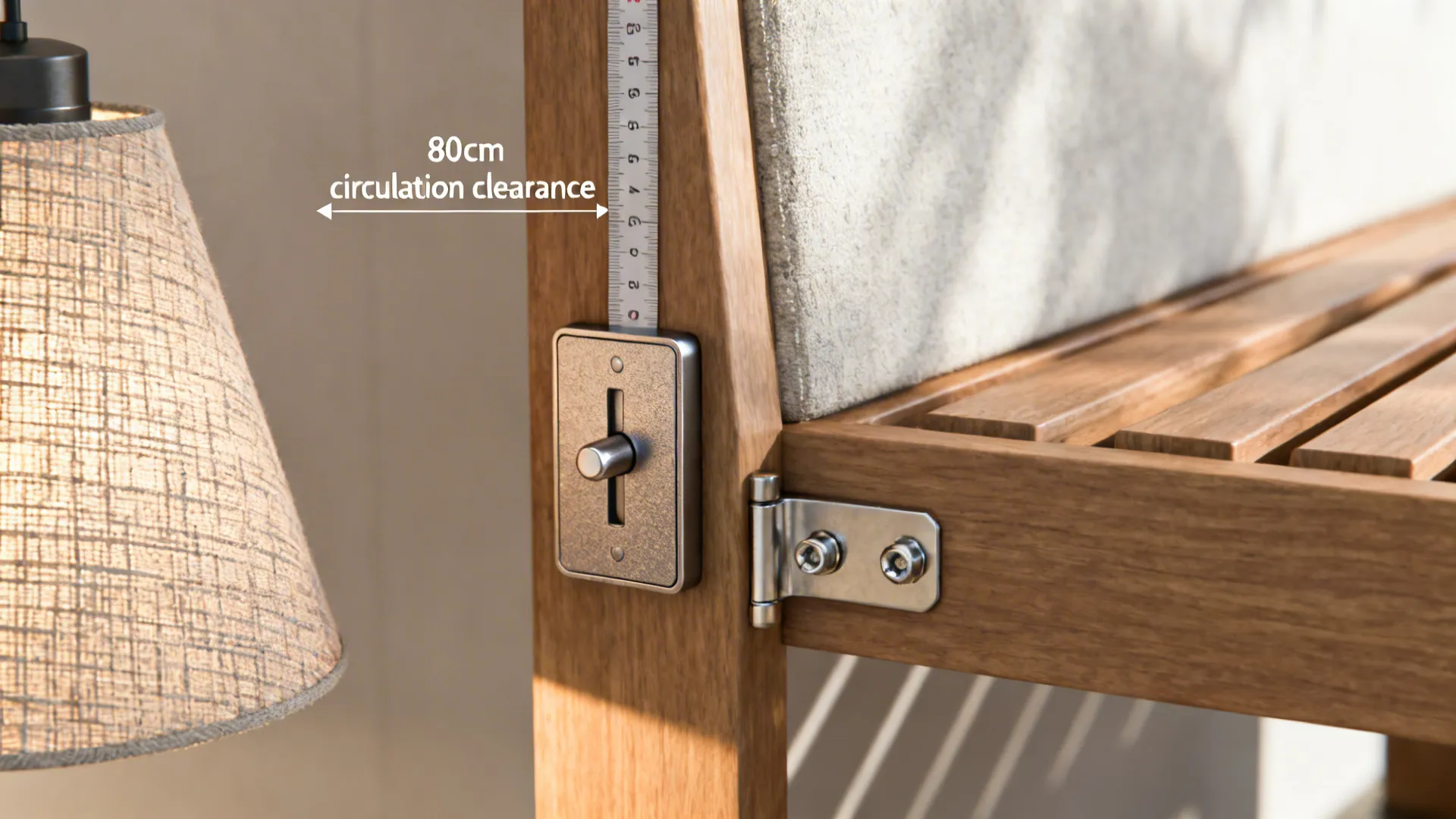 Close-up details of measurement tape clearance, dimmer switch, and bench hardware