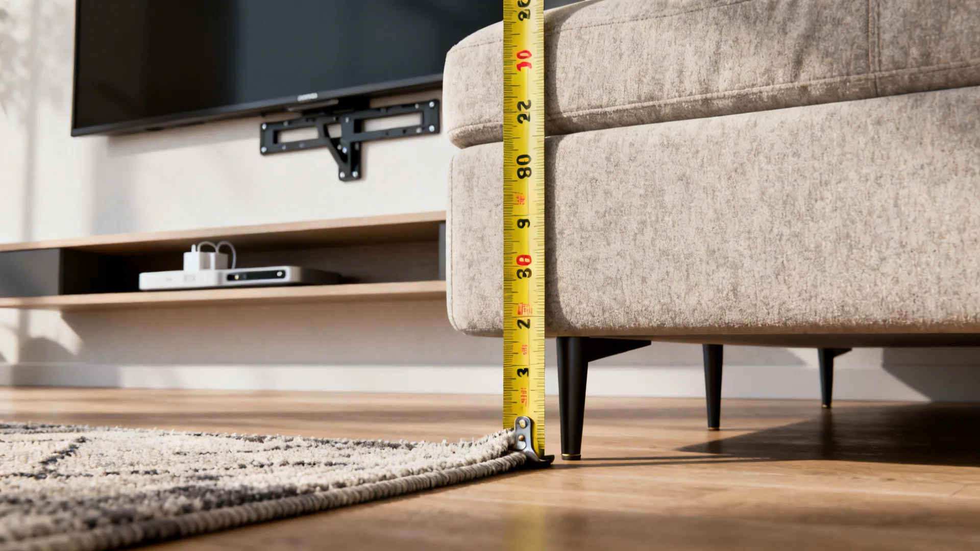 Yellow tape measure measuring the height of a grey sofa in a modern living room