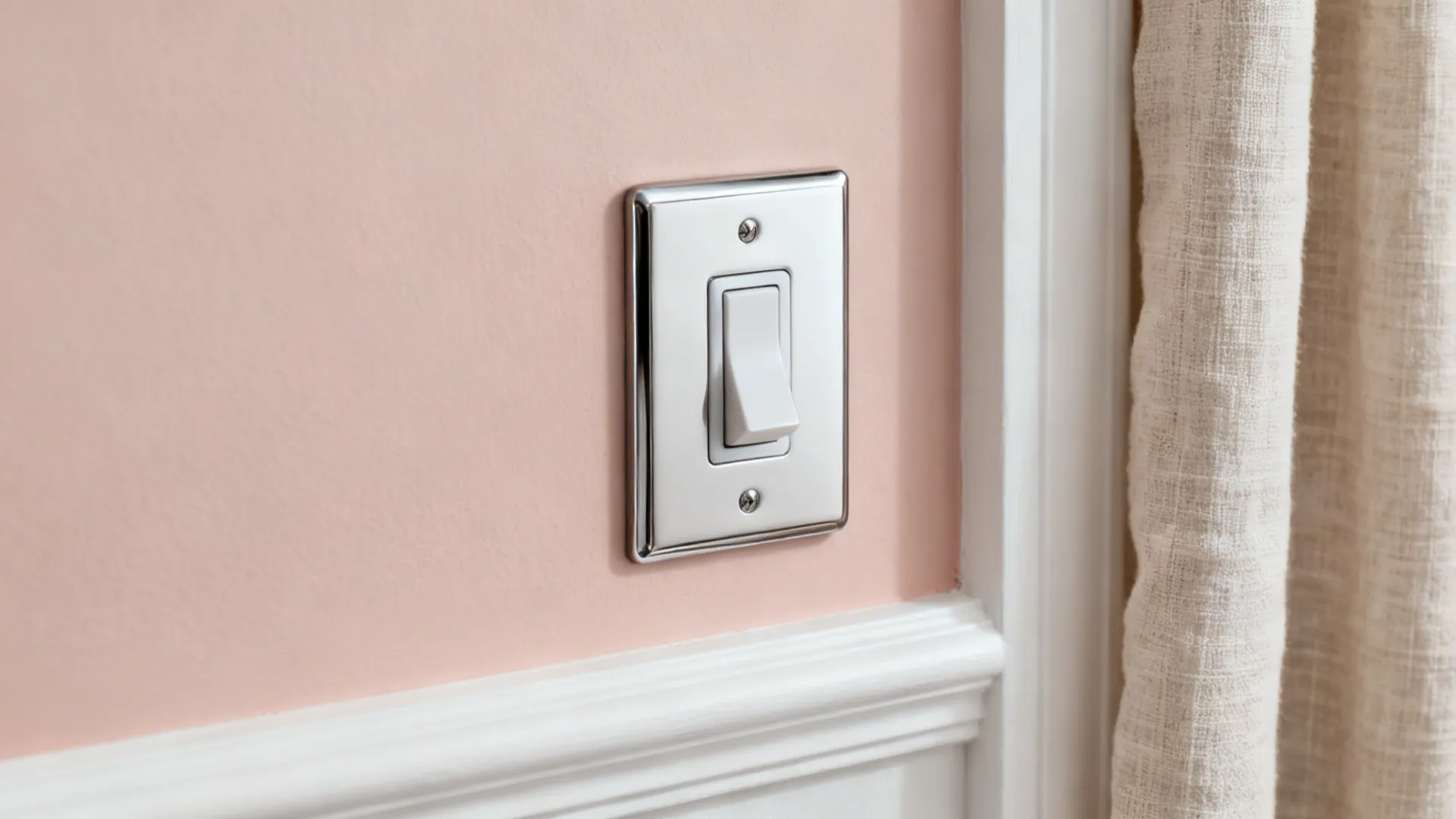Close-up of blush wall with soft white trim, chrome plate, and linen curtain under warm light.