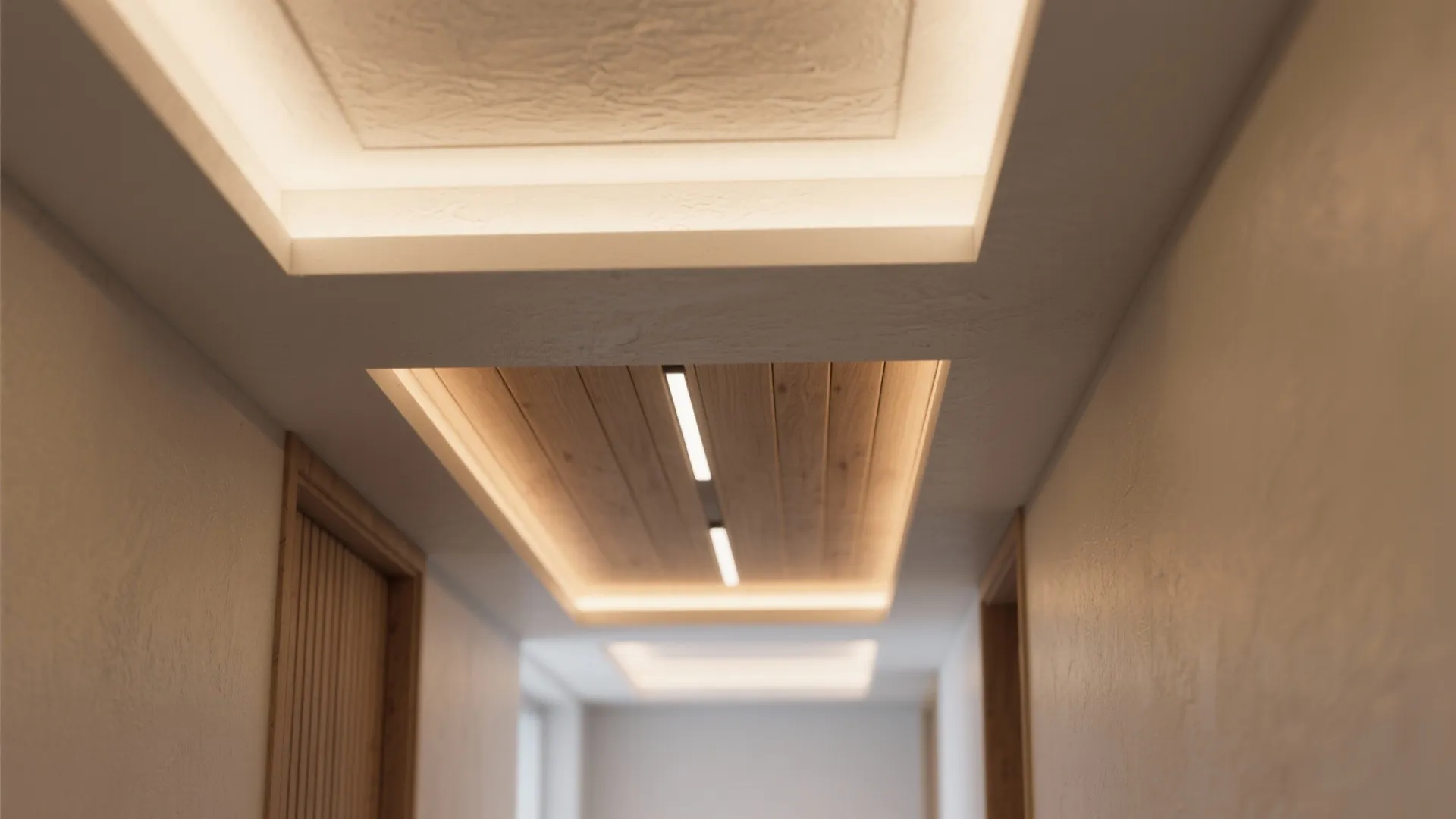 Interior design drawing of a ceiling with wooden panels and hidden warm light fixture details
